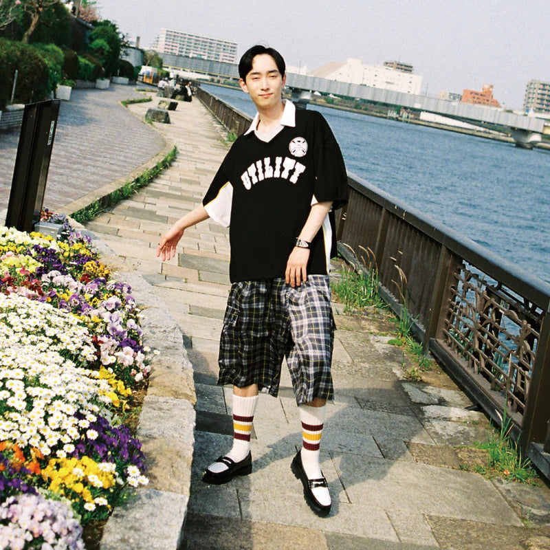 [2025 summer] EFFECTEN / Distorted check wide cargo short pants